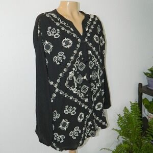LOGO Lavish Button Down Top Womens XL Black Embroidered Cotton Gauze Boho V-Neck